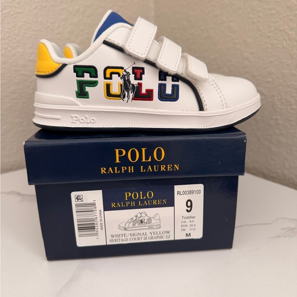Ralph Lauren White Sneakers with Multicolor POLO Embroidery SIZE 9 (little boys) - Picture 2 of 5
